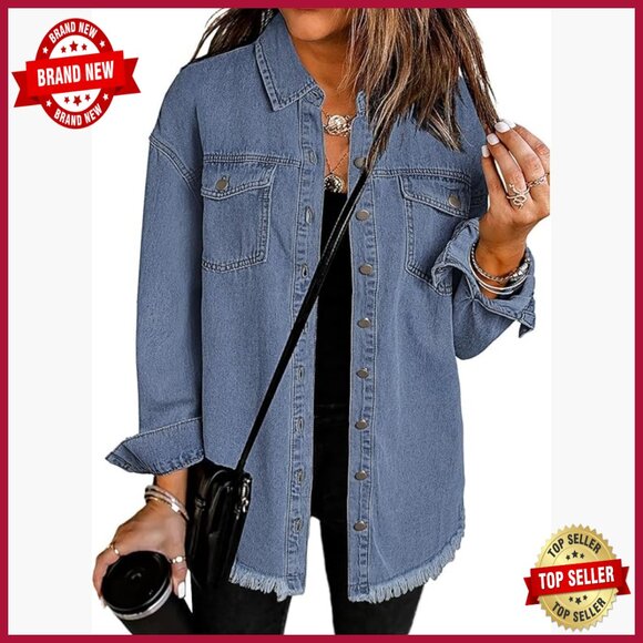 Oversized Denim Shacket with Frayed Hem and Pockets